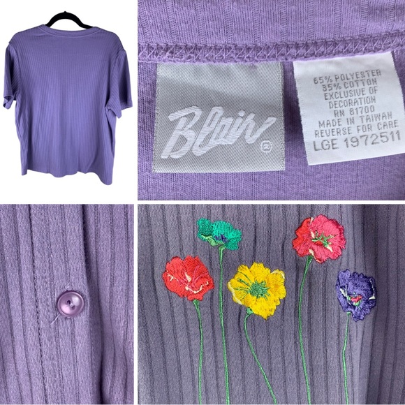 Large Blair Purple ribbed top | Embroidered Flower Accent Easter Blouse | Spring - Picture 2 of 2